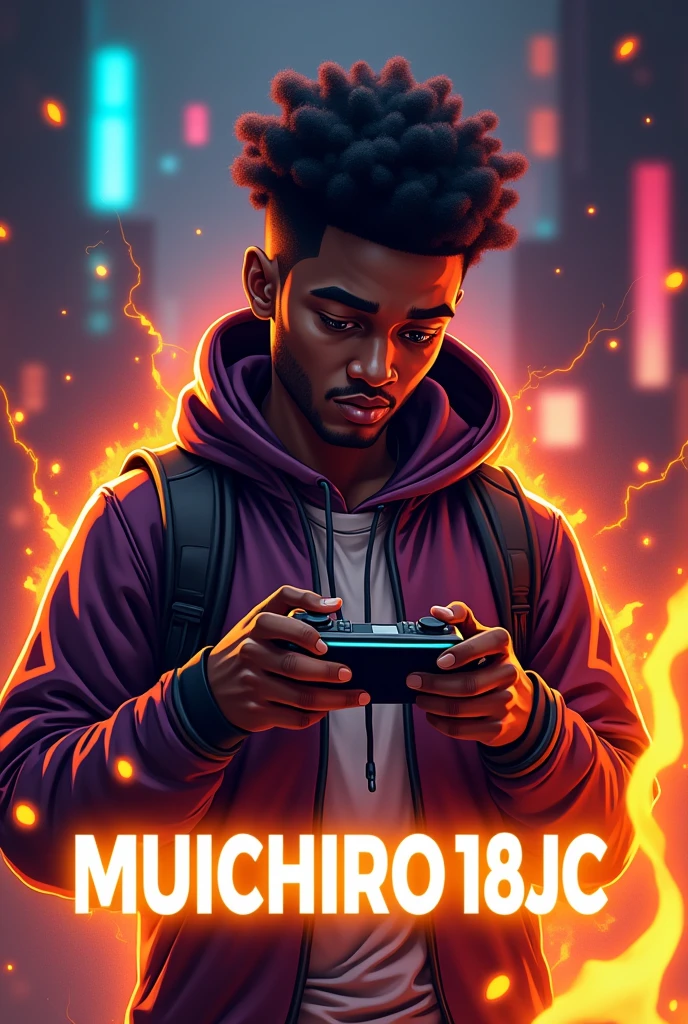 Create a mascot where the mascot is a dark-skinned adult gamer guy playing with a phone with fire around him and with the name MUICHIRO18JC at the bottom.