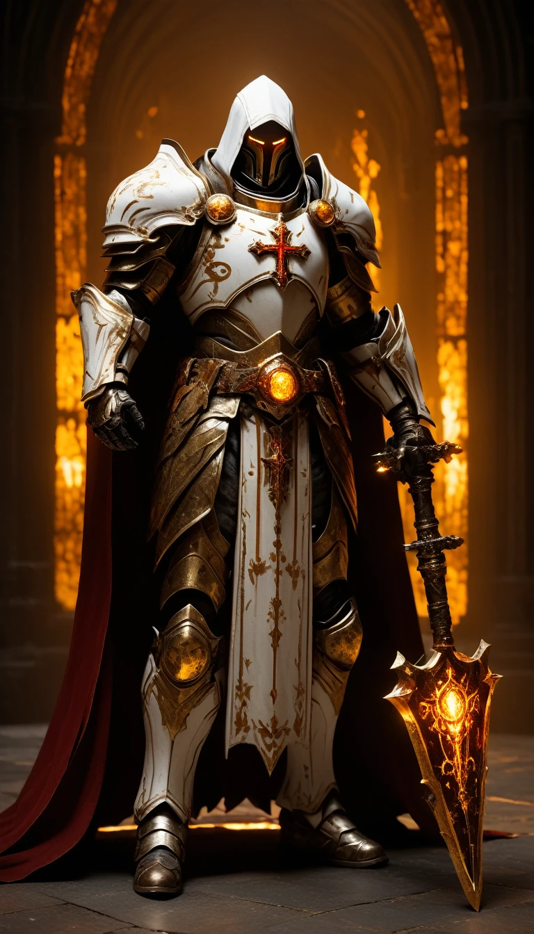 Masterpieces, male, Holy white paladin, (white armor), Action style shot, in a vampire castle, dark souls and elden ring style red. (no undercloth), holding a hammer in one hand and a shield in the other, Glowing amber colored Christian Cross on breastplate, (Battle Priest in a warframe and doom style armor holding a hammer and shield with radiant amber light, emanating potent gold light magic.), (amber half cape), (action shot: walking through dark vampire castle), (white, amber and gold color scheme), (5 amber gems on belt), (holy light magic effects), white and amber tabard, centered, full body shot fighting, sci-fi knight, Halo master chief, vibrant colors, visible figure joints, cinematic shot, volumetric lighting, intricate pattern detail, highly detailed