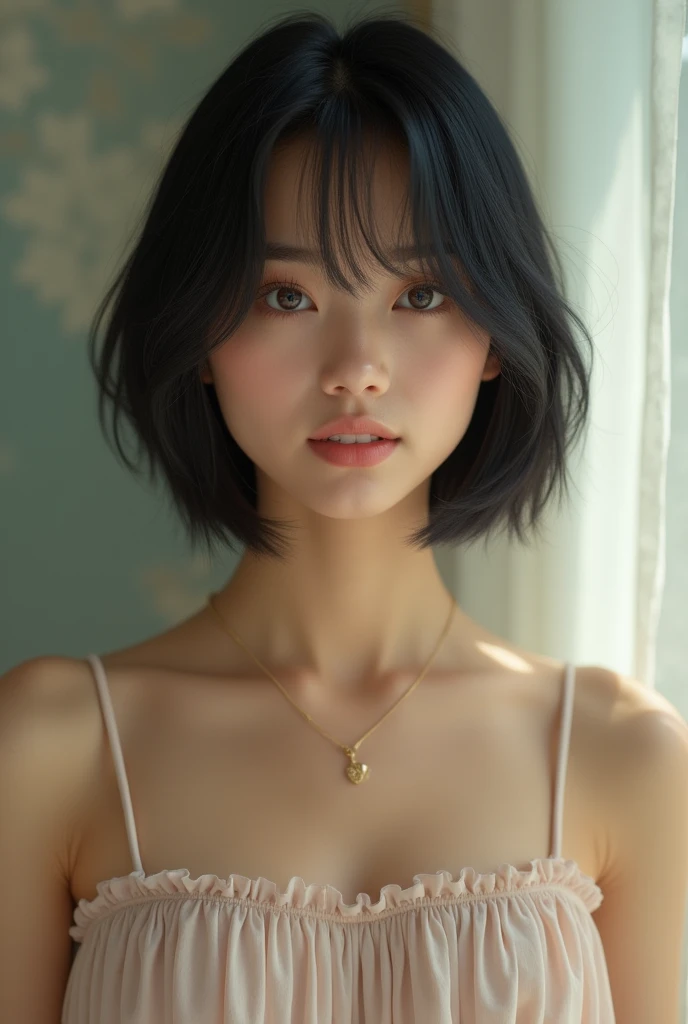 ((best qualityer)), ((work of art)), ((realisitic)), ((best qualityer)), ((work of art)), ((realisitic)), high qualiy, 4K, framed, Close-up portrait of a woman with black cropped hair and a pleated skirt, renderização fotorrealisitic de garota, Cute rendering of a girl, April rendering, modelo de fully body anime vtuber, xianxia de fully body, live2d virtual youtuber model, Retrato realisitic de fully body estilo realisitic, fully body fotorrealisitic, original, extremely detalheed 8K, flawless face, perfects eyes, symmetrical body shape,ssmile, in a natural and casual style at eye level, scenic, work of art, (high resolution), fully body
