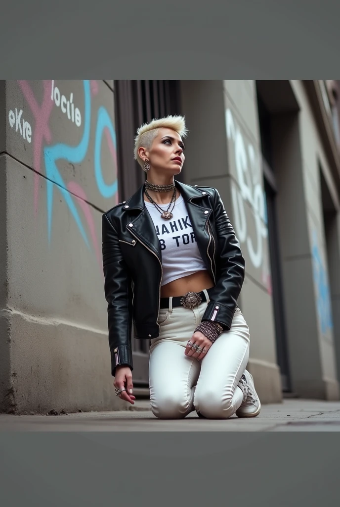 Old russian milf, platinum blonde hair, long neck, long hair in pompadour male style with shaved sides, with very light blue eyes, very pale, lots of makeup. Wearing black moto jacket with popped up collar, cropped rock band t-shirt with low neckline, black shiny leggings and dirty white tennis sneakers. Big loop earrings. Wide tacky belt with big buckle, dog collar, lots of rings and studded bracelets , Full body, kneeling with thumbs in pockets in the street, looking up in awe