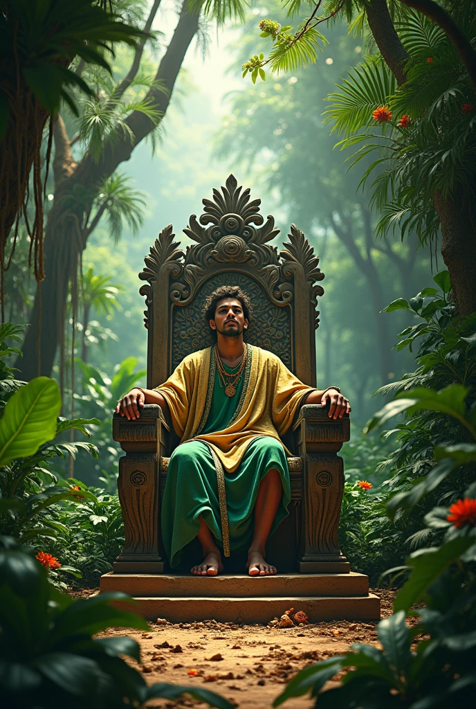 "The young man speaking earnestly to the king in the jungle, explaining how six things make a person weak and how karma, age, wealth, knowledge, and fame are written at birth. The king listens thoughtfully, showing signs of being deeply affected by the conversation."