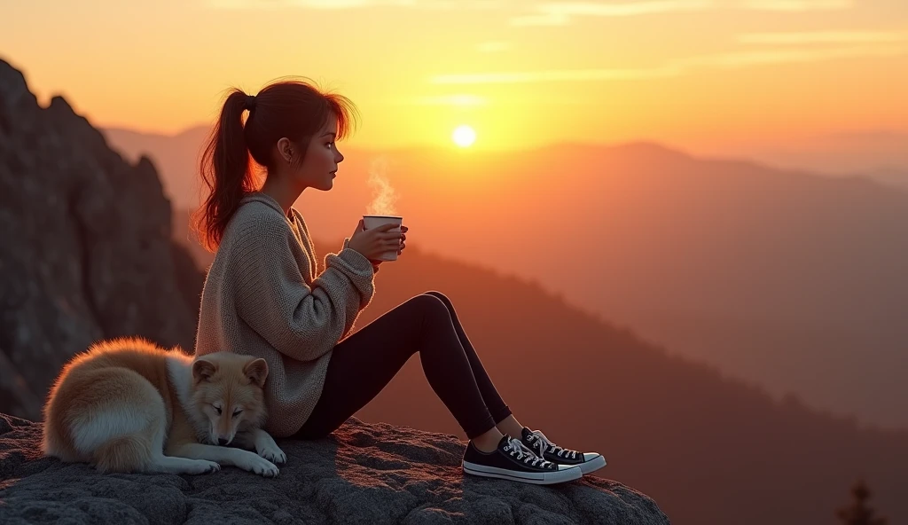 a serene mountain sunset scene. In the foreground, a young e-girl is sitting on a rocky outcrop, wearing a cozy sweater, stylish leggings, and a pair of Converse All Stars. She is sipping a cup of coffee, with a relaxed and content expression as she watches the sunset. Beside her, a medium-sized dog is sitting comfortably, both gazing at the breathtaking view. The warm, golden hues of the setting sun cast a beautiful glow over the landscape, with the rugged mountain terrain and distant horizon creating a peaceful and picturesque backdrop. The overall atmosphere should evoke a sense of calm and appreciation for nature's beauty, highlighting the special moment shared between the e-girl, her dog, and the sunset.