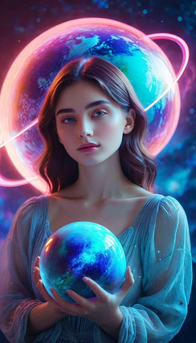 A girl holding a planet in her arms，close up，Glowing fluorescent feeling，Transparency，dream，Monet's color scheme，Texture Matte，high quality，High Definition，Rose red，blue，Neon light，Space Background