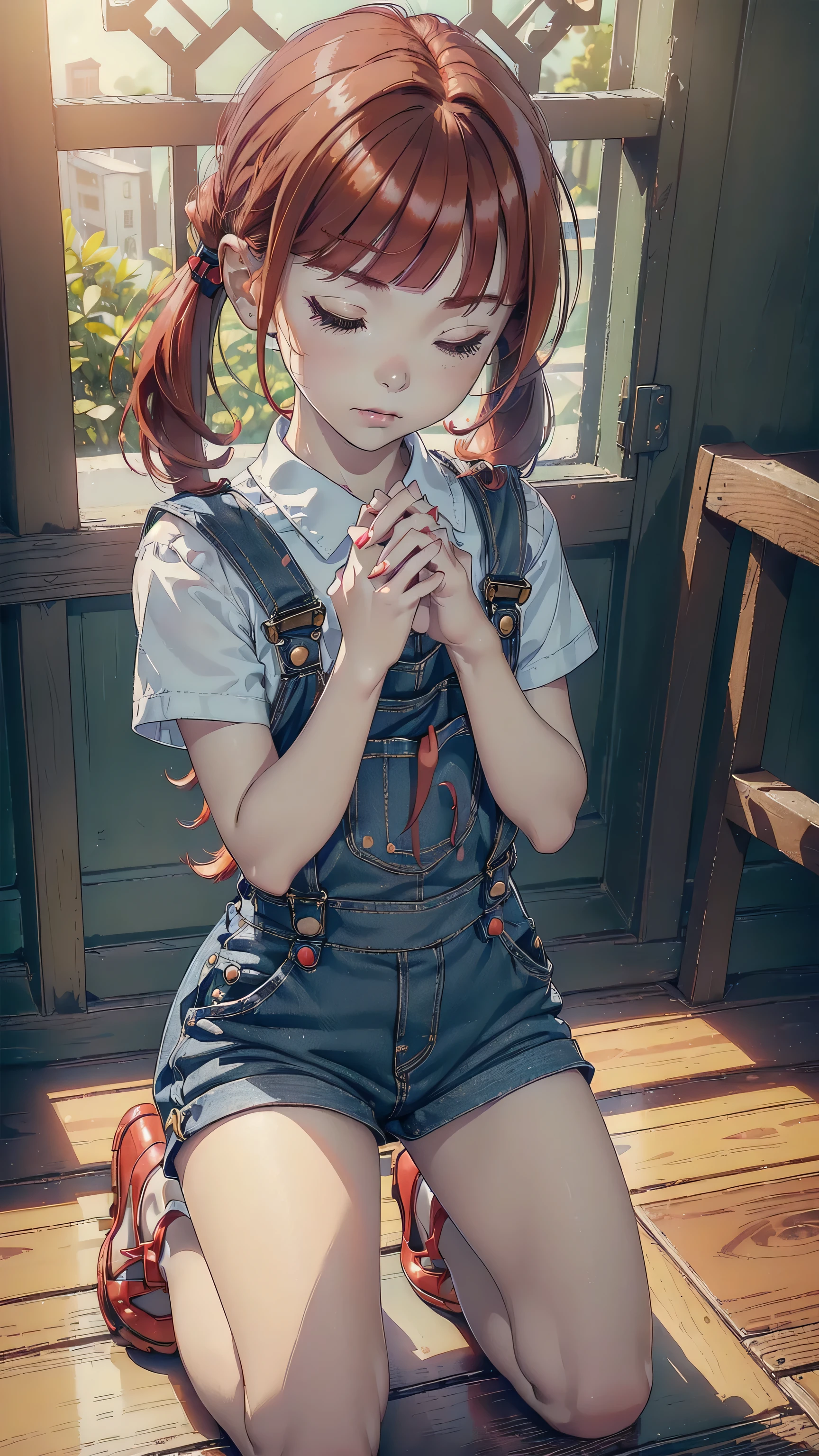 ((top quality, ultra-detailed, high resolution, extremely detailed CG, unity 8k wallpaper, by famous artist, perfect anatomy, super detailed skin, cinematic lighting, UHD, retina, anatomically correct, 1080P)), (Please draw a single one girl praying to God in a Christian church:1.3), ((1girl)), (Solo, face,13-year-old:2.0), a junior high school student, ((cute petit girl, chibi, babyface)) androgynous charm, (Medium hair, ((full red hair)) ((redhead)), pigtails, straight bangs, with a bow in her hair, ((very thin legs)), ((skinny legs, thin body, small build)), Full limbs, complete fingers, ((perfect fingers and hands)), flat chest, small breasts, childish body, small butt, groin, Beautiful detailed full yellow gold eyes, perfect eyes, ((overalls, blouse under overalls)) (Detailed Lighting), (christian church background)), (Detailed scenary background), (praying to God)), full body view, Cute, kawaii single girl (one girl), full body shot, ((little young 13 years old body:1.3)), ((kneeling with eyes closed and hands as a sign of prayers:1.3)), ((long skirt)), ((shoes)), ((hands praying)), ((five fingers for each hand:1.3)), ((red hair girl:1.3)), ((straight bangs:1.3)), ((inocent tender girl:1.3))