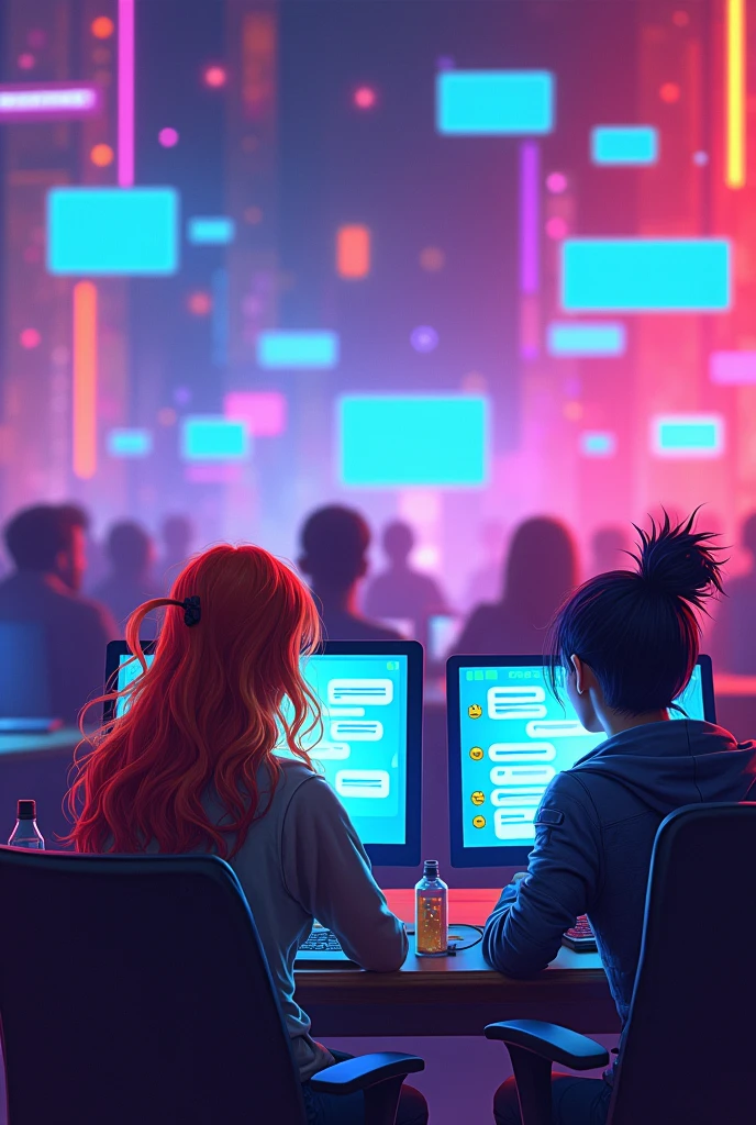 internet, role a, discord, friendship, virtual environment, Do the same thing, but with all of them by computer and far apart from each other, as if they were messaging., Put her in a more virtual environment with them