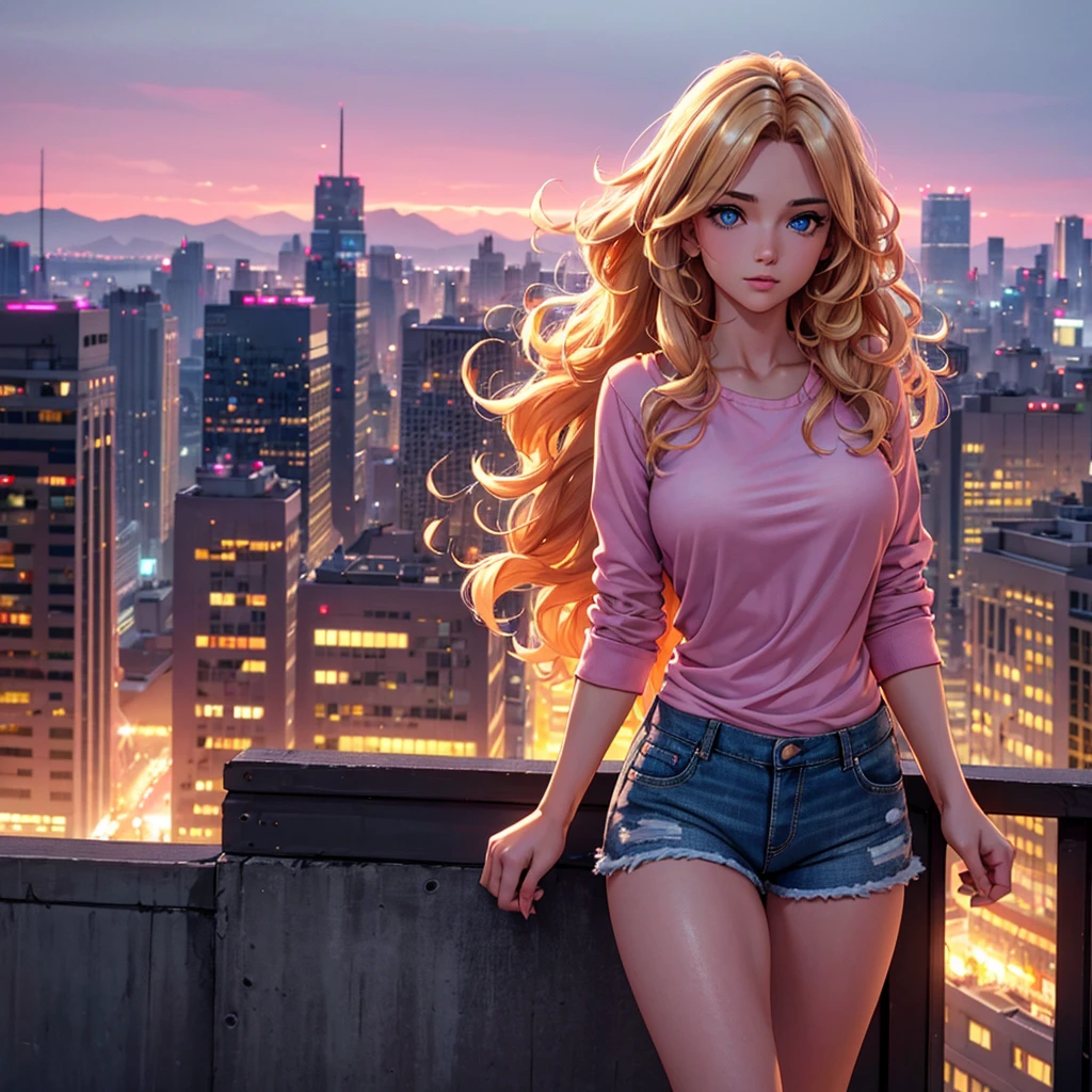 a beautiful blonde curly-haired girl, full body, perfect body, perfect hands, looking at the city at night on top of a building, pink shirt, denim shorts, white sneakers, (best quality,4k,8k,highres,masterpiece:1.2),ultra-detailed,(realistic,photorealistic,photo-realistic:1.37),dramatic lighting,cinematic,dark hour,glowing skin,detailed face,mesmerizing eyes,detailed hair,detailed clothing