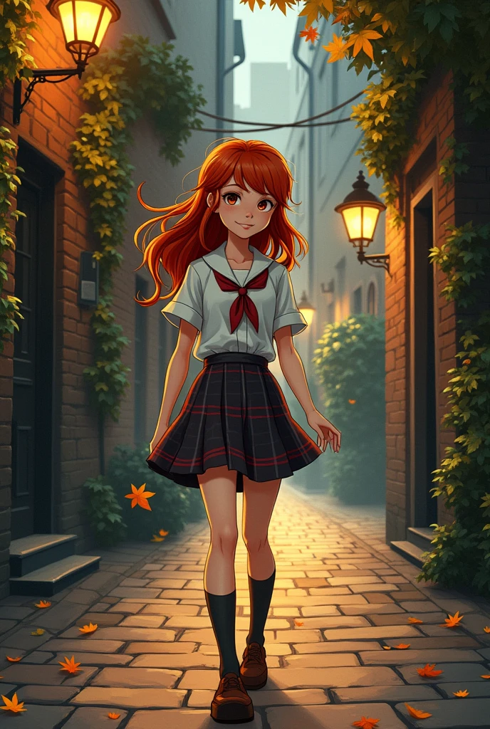 1 Redhead girl, uniforme colegial, walking down an alley,