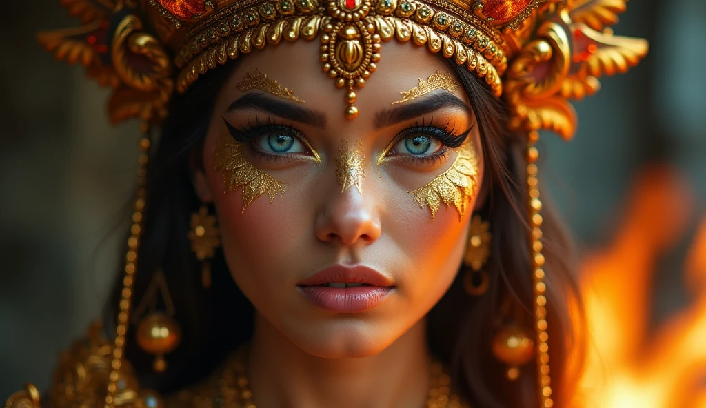 Photorealistic portrait of a beautiful woman, with piercing blue eyes, intricate golden scale-like makeup covering her face, ornate headdress with fiery elements, intense gaze directly at viewer, extreme close-up framing, against a blurred background of warm and cool tones, dramatic lighting emphasizing facial features, shot at eye level, on a Nikon D850 with a 85mm f/1.4 lens, (cinematic color grading:1.3), (hyperdetailed skin texture:1.4), in the style of (Bella Kotak:1.2) and (Lindsay Adler:1.2)