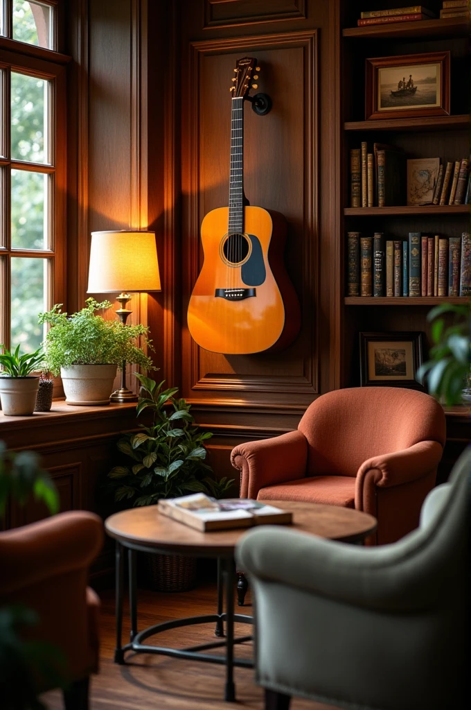 A room with a Guitar hanging