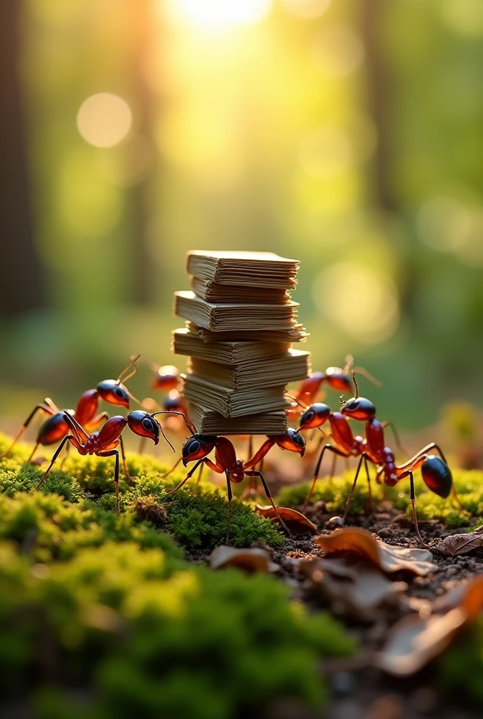 Team of worker ants holding multiple files