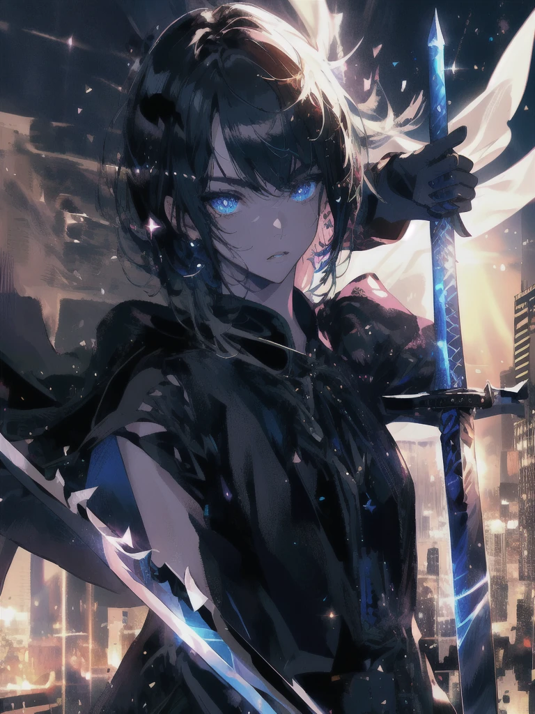 Holding a one-handed sword、Please take the black sword.、((masterpiece, highest quality, Super detailed, High resolution)), alone, beautiful girl, shining eyes, perfect eyes, 15 years old, black white gold theme,