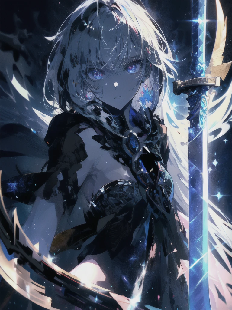 Holding a one-handed sword、Please take the black sword.、((masterpiece, highest quality, Super detailed, High resolution)), alone, beautiful girl, shining eyes, perfect eyes, 15 years old, black white gold theme,