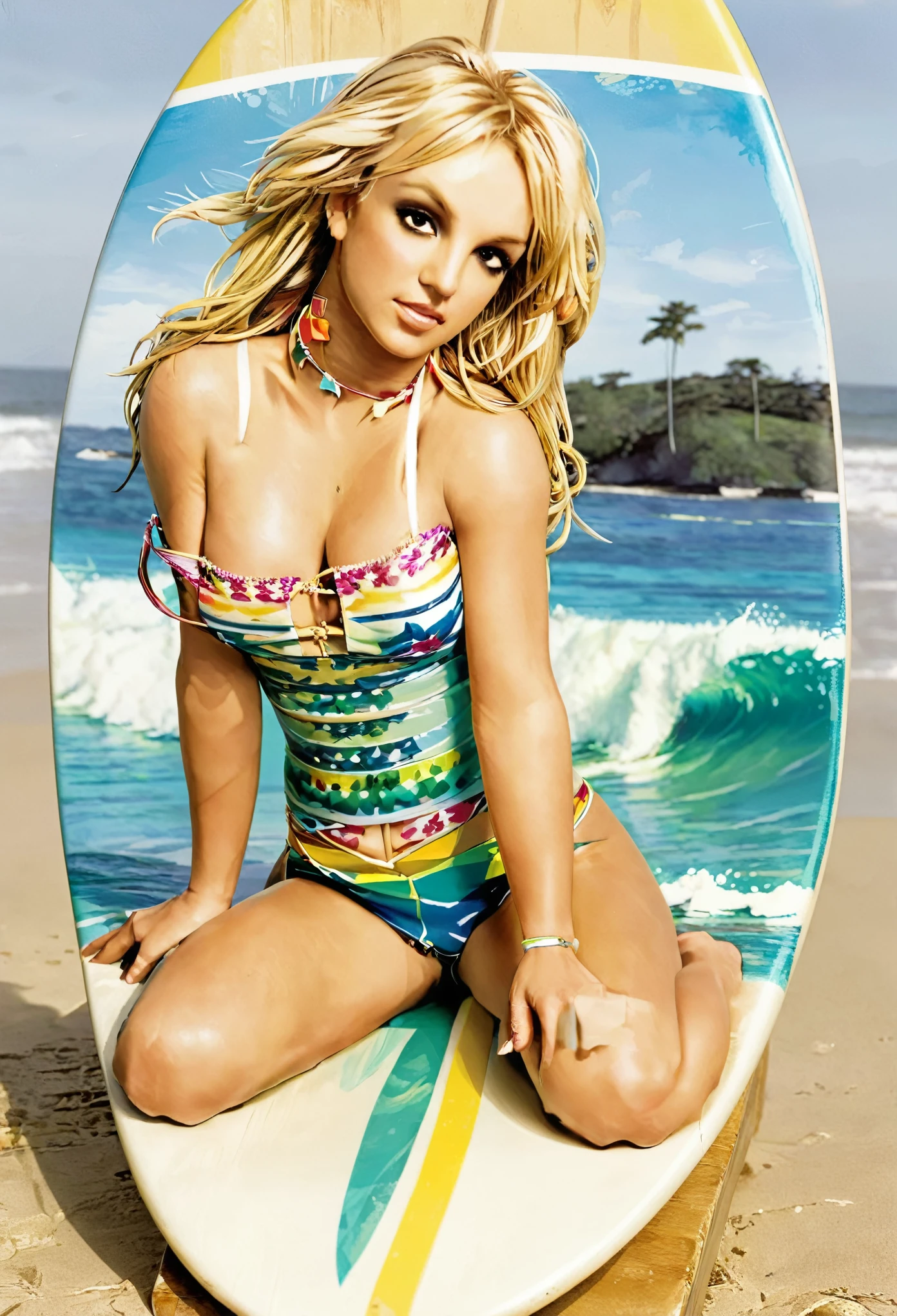 Painting of Britney Spears in a bikini sitting on a surfboard