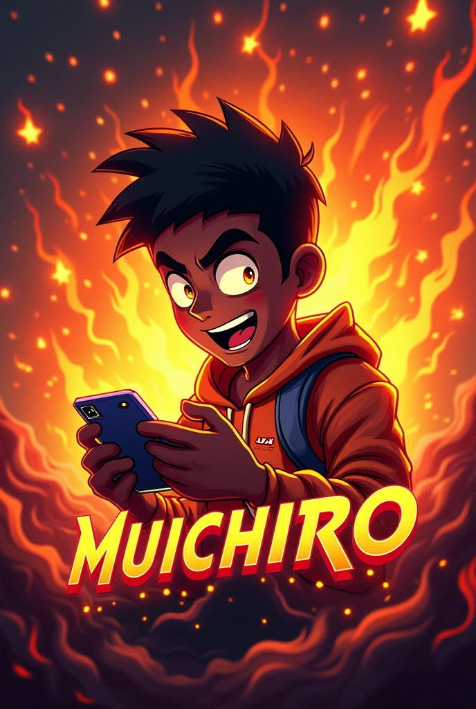 Create a mascot where the mascot is a dark-skinned adult gamer guy playing with a phone with fire around him and with the name MUICHIRO18JC at the bottom. 