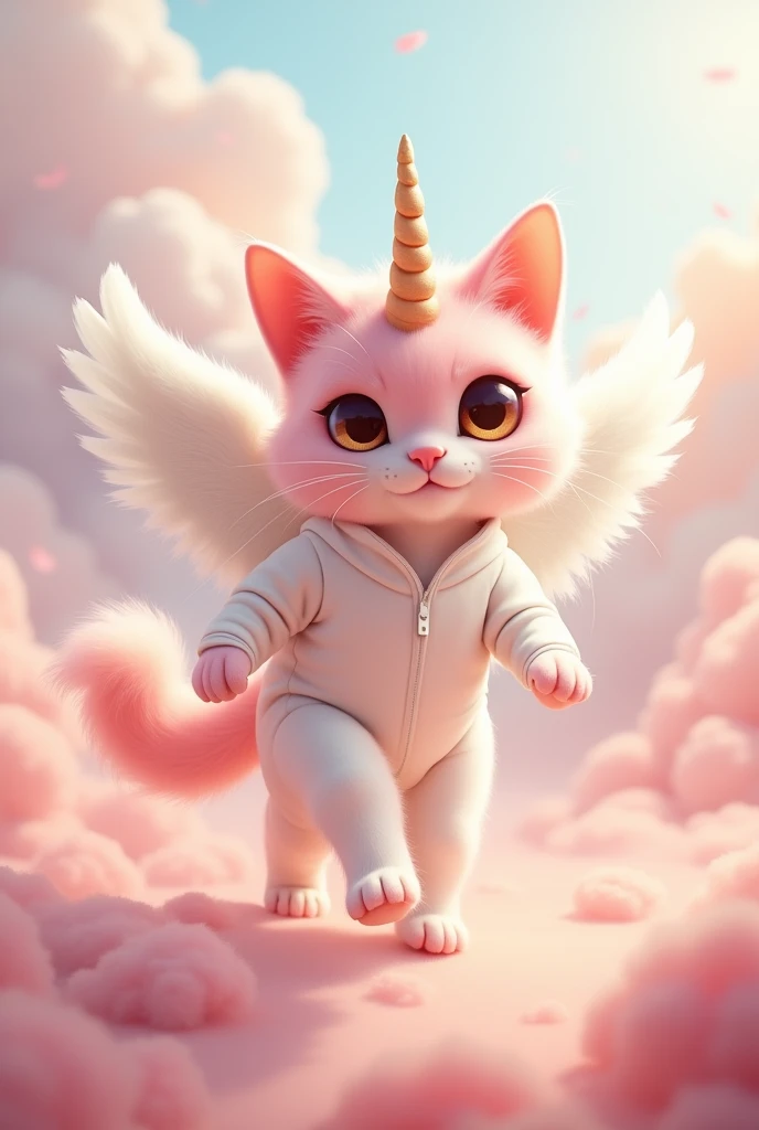 Pink cat with brown eyes with white alicorn wings and no horn and with a bushy, furry tail and with a white jumpsuit, a little thin