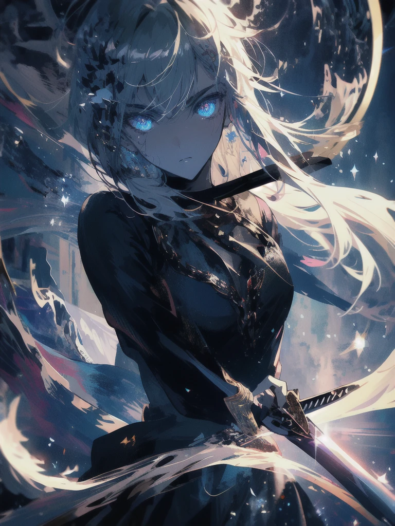 Holding a one-handed sword、Please take the black sword.、((masterpiece, highest quality, Super detailed, High resolution)), alone, beautiful girl, shining eyes, perfect eyes, , black white gold theme,