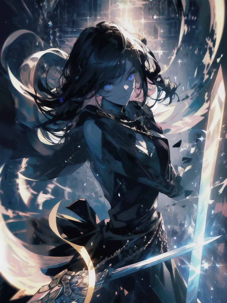 Holding a one-handed sword、Please take the black sword.、((masterpiece, highest quality, Super detailed, High resolution)), alone, beautiful girl, shining eyes, perfect eyes, 15 years old, black white gold theme,
