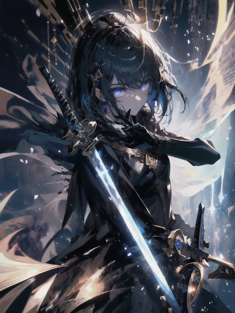 Holding a one-handed sword、Please take the black sword.、((masterpiece, highest quality, Super detailed, High resolution)), alone, beautiful girl, shining eyes, perfect eyes, 15 years old, black white gold theme,