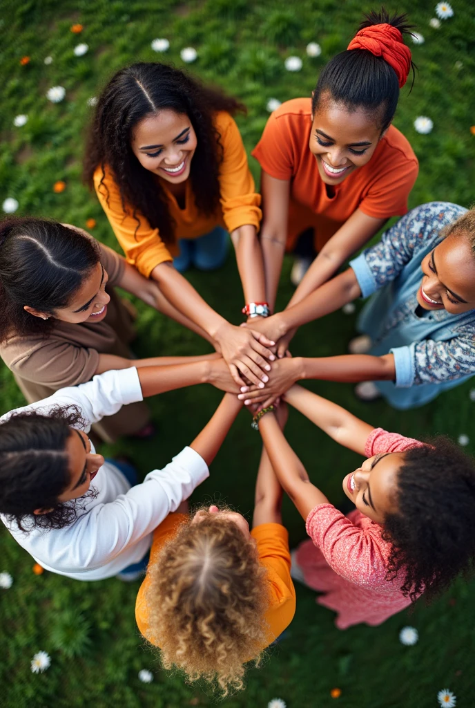 Overhead view of people holding hands in a circle 