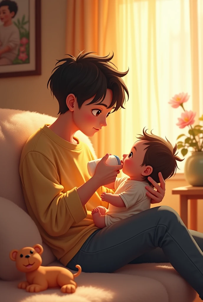 Make another realistic image of Bangchan, the leader of Stray Kids. holding a baby in his arms while feeding her with a bottle