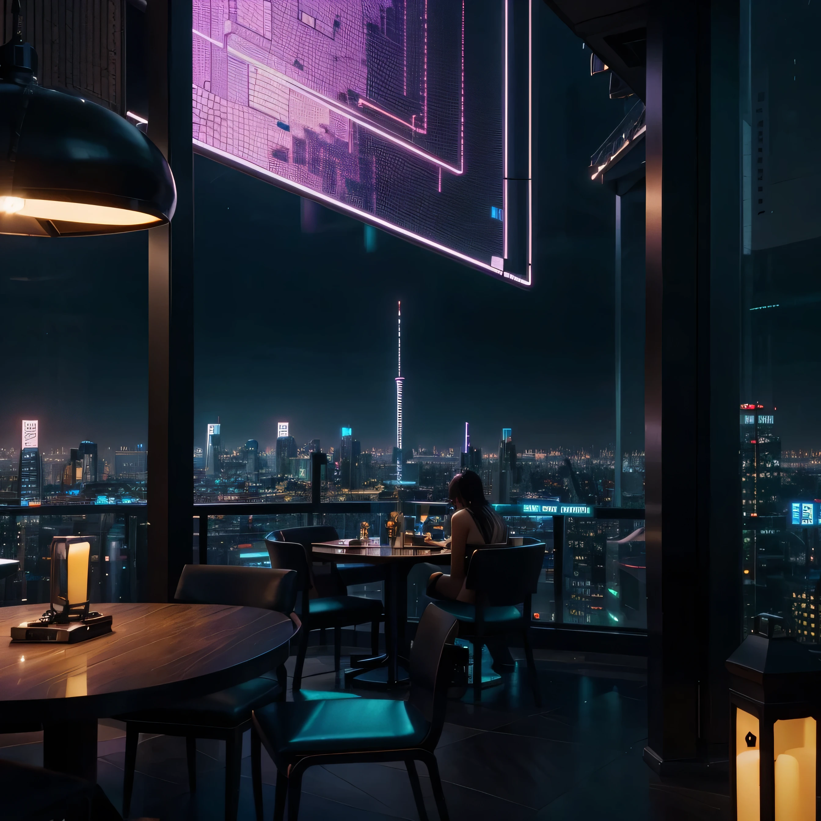 a skyscraper rooftop, people having lunch, dining room, cyberpunk, night view, neon lights, big city, masterpiece, ultra-detailed, 8k, HDR, physically-based rendering, vivid colors, dramatic lighting