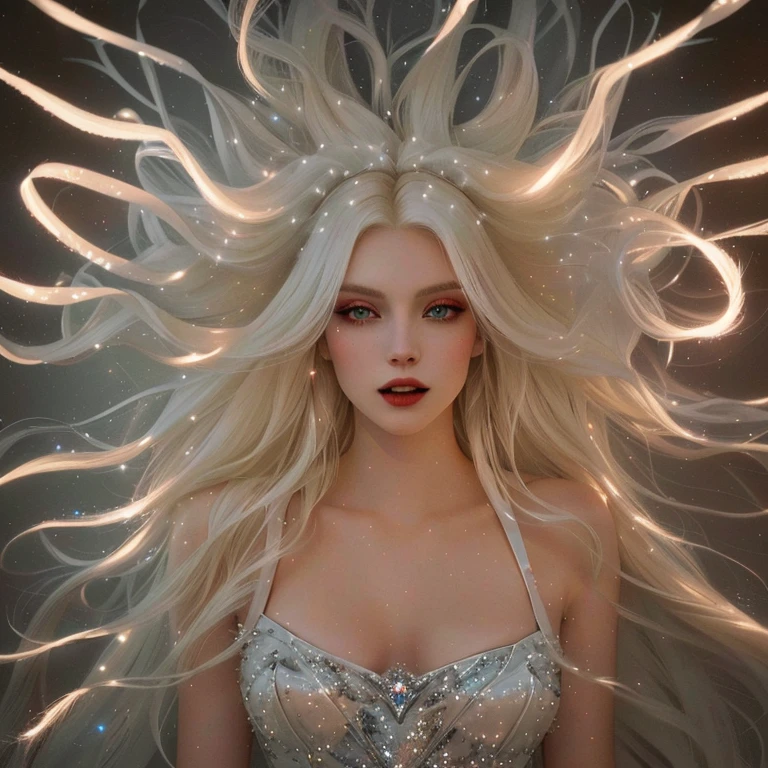pop star singer, vampires, red pupil, a blonde woman with long hair and a shiny dress, long shiny ethereal hair, vampire queen, white hair floating in air, portrait of ausente Taylor Joy, Abadia Lee Kershaw como Emma Frost, hair made of sparkling ghosts, white witch