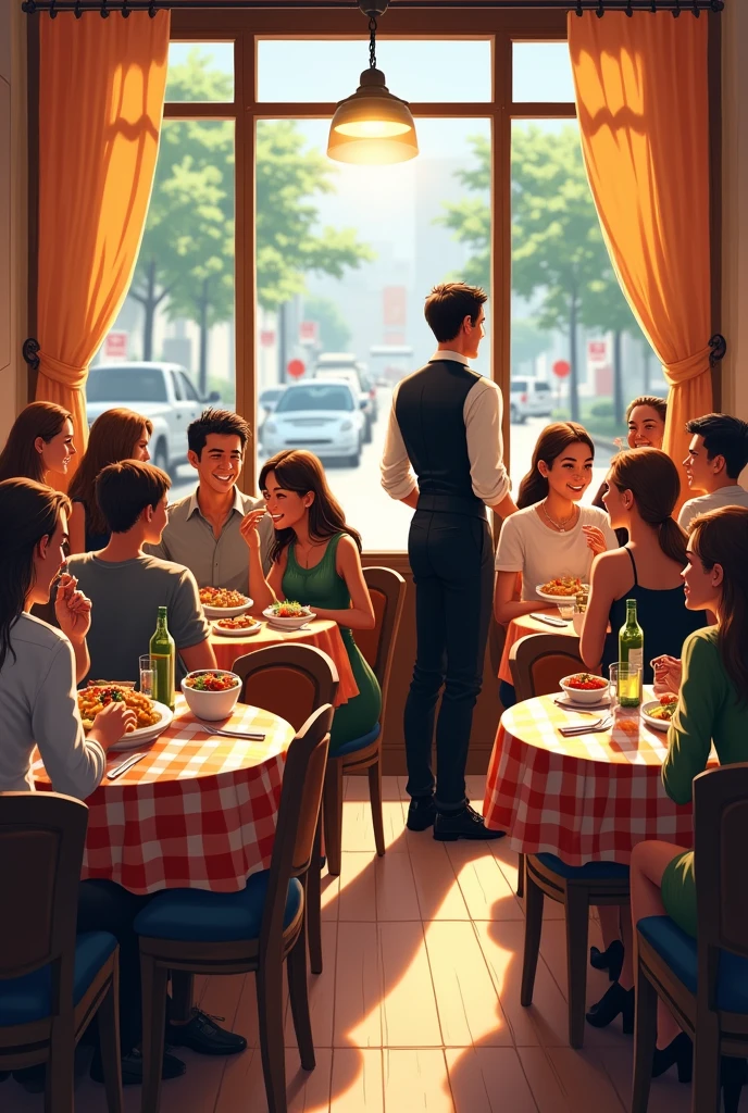 Draw a 2D restaurant with people eating and a waiter from afar observing the behavior of people at the tables