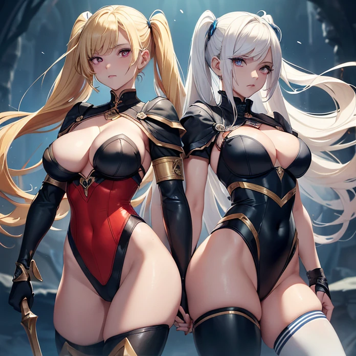 Absurdres, masterpiece, HD, high resolution, science-fantasy, alien, character alone, ordered context, best quality, epic story dramatic and conspiracy, best features and characteristics, full body, cowboy shot view
{{50 years old blonde haired elder beauty woman:(pale skin, red eyes crying, blonde hair tied in two high twintails, blonde long freinge near the face, short nose bleeding blue blood, clenched mouth bleeding a bit of blue blood, wrath expression, medium breasts, voluptuous figure, absolute beauty, beautiful arms bleeding blue blood, beautiful legs bleeding blue blood, beautiful feminine body bleeding blue blood),(black highleg leotard, gold gauntlets, gold shoulderpads, black armsleeves, white leggings, two white belts),(violent menacing pose, pointing with a broken spear to her unknown enemy, desperate and lethal demeanor),(blue landscape, orange lava river at the left, light-blue sky, blue mounds around)}}
