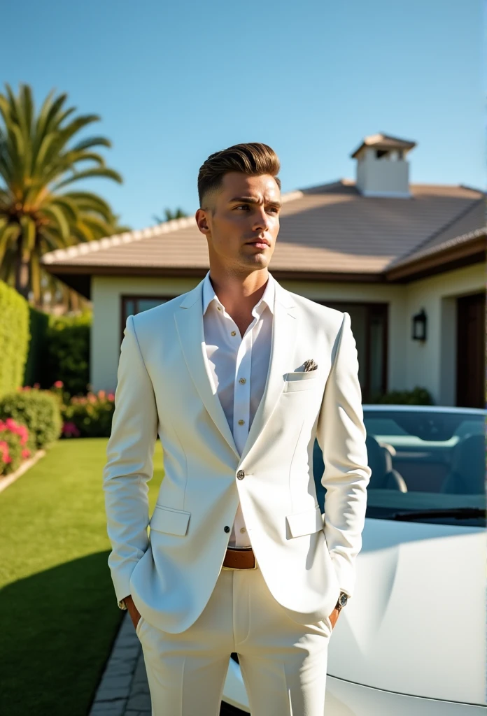A handsome young man in white shuit standing in front of his luxury bungalow, beside his luxurious car.