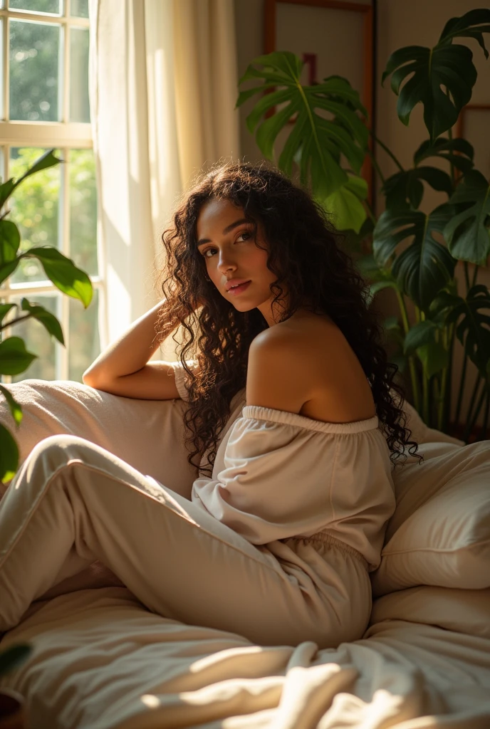 (photorealism:1.2), beautiful woman, sitting on bed, wearing loose off-shoulder top, pajama pants, long curly hair, indoors, soft lighting, plants in background, window with sunlight, cozy room, relaxed pose, realistic, intricate details, warm colors, by Greg Rutkowski, by Alphonse Mucha