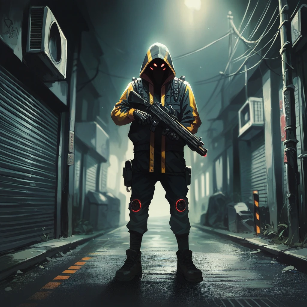Yellow jacket, glowing red face, cool.