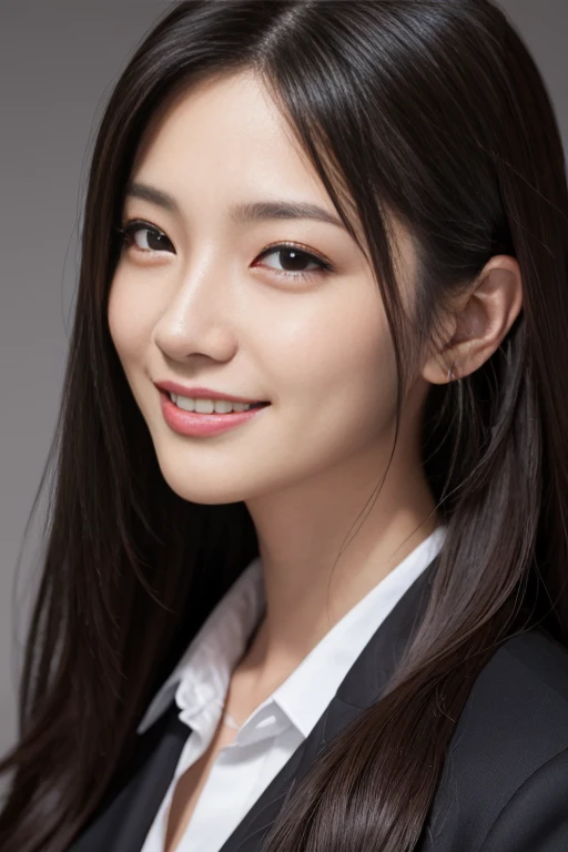  Highest quality, Realistic, Very detailed, In detail, High resolution, 8k wallpaper, Beautiful woman、完璧なsmile、 Long black hair,Random wavy hair、Wearing a brown business suit, Sharp focus, Perfect dynamic composition, Beautiful attention to detail, Fine hair, Detailed and realistic skin texture, smile, Close-up portrait, Model body type、Smiling at the camera、Women&#39;s Suits、Clean office、A bright room with soft light、Professional photography、超High resolution,