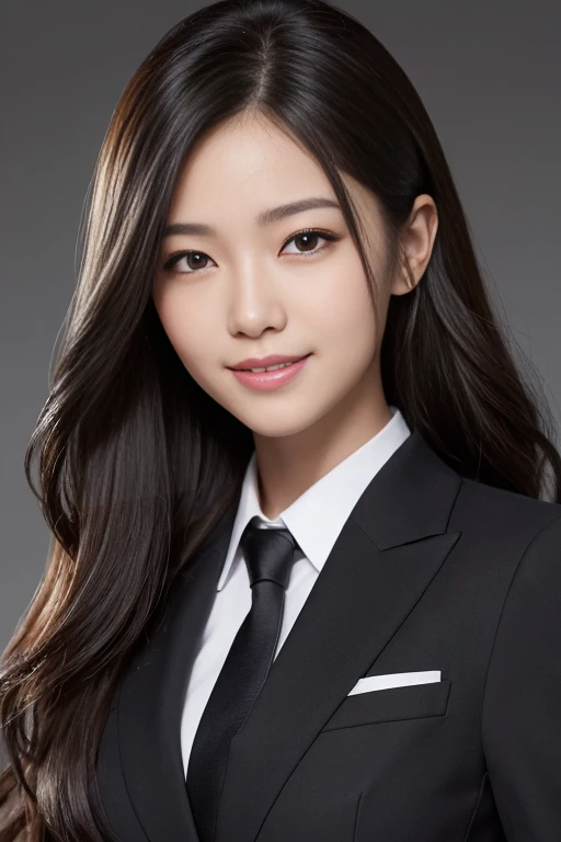  Highest quality, Realistic, Very detailed, In detail, High resolution, 8k wallpaper, Beautiful woman、完璧なsmile、 Long black hair,Random wavy hair、Wearing a brown business suit, Sharp focus, Perfect dynamic composition, Beautiful attention to detail, Fine hair, Detailed and realistic skin texture, smile, Close-up portrait, Model body type、Smiling at the camera、Women&#39;s Suits、Clean office、A bright room with soft light、Professional photography、超High resolution,