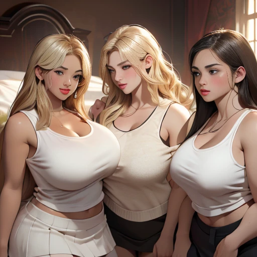    female、1 male、(European:1.2)、(blonde)、(very beautiful)、(beautiful face:1.5)、30세 female、Grey Blazer、(short skirt)、white shirt、Large bedroom inside the mansion (A black man lying on his back, in bed 반바지 입고, the center of the composition) a diverse group of five American youths, representing diverse races and characteristics, Wearing yoga pants and a tank top, showcasing their unique beauty with perfect physiques, big bust, wide hips, Among them, there are blonde young adult girls with auburn hair, exuding natural elegance. brown young adult girls with soft hair and captivating radiance show off their exotic beauty.. there are also young adult girls with stylish curly hair., emphasizing their authenticity and cultural pride, (women surround a peculiar BLACK MAN with short hair, from all directions) (in bed) women kiss a peculiar black man, touch a peculiar black man, masterpiece, high details, high quality, best quality.