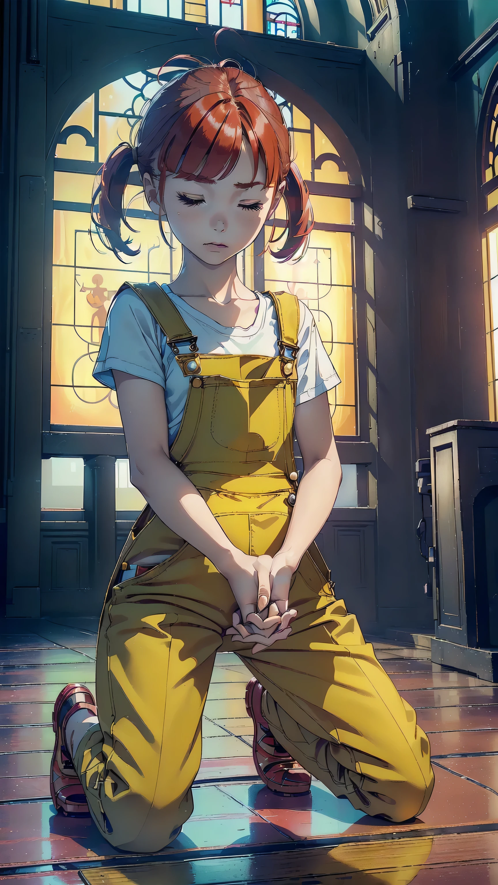 ((top quality, ultra-detailed, high resolution, extremely detailed CG, unity 8k wallpaper, by famous artist, perfect anatomy, super detailed skin, cinematic lighting, UHD, retina, anatomically correct, 1080P)), (Please draw a single one girl praying to God in a Christian church:1.3), ((1girl)), (Solo, face,13-year-old:2.0), a junior high school student, ((cute petit girl, chibi, babyface)) androgynous charm, (Medium hair, ((full red hair)) ((redhead)), pigtails, straight bangs, with a bow in her hair, ((very thin legs)), ((skinny legs, thin body, small build)), Full limbs, complete fingers, ((perfect fingers and hands)), flat chest, small breasts, childish body, small butt, groin, Beautiful detailed full yellow gold eyes, perfect eyes, ((long pants, overalls, blouse under overalls)) (Detailed Lighting), (christian church background)), (Detailed scenary background), (praying to God)), full body view, Cute, kawaii single girl (one girl), full body shot, ((little young 13 years old body:1.3)), ((kneeling with eyes closed and hands as a sign of prayers:1.3)), ((long skirt)), ((shoes)), ((hands praying)), ((five fingers for each hand:1.3)), ((red hair girl:1.3)), ((straight bangs:1.3)), ((inocent tender girl:1.3))