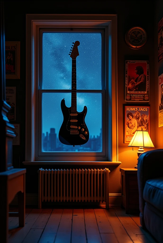 A room with a rock guitar hanging, the night
