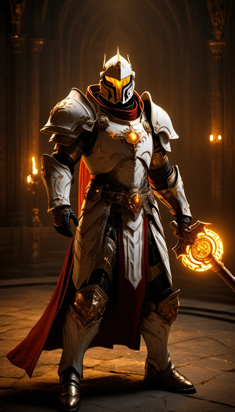 Masterpieces, male, Holy white paladin, (white armor), Action style shot, in a vampire castle, dark souls and elden ring style red. (no undercloth), holding a hammer in one hand and a shield in the other, Glowing amber colored Christian Cross on breastplate, (Battle Priest in a warframe and doom style armor holding a hammer and shield with radiant amber light, emanating potent gold light magic.), (amber half cape), (action shot: walking through dark vampire castle), (white, amber and gold color scheme), (5 amber gems on belt), (holy light magic effects), white and amber tabard, centered, full body shot fighting, sci-fi knight, Halo master chief, vibrant colors, visible figure joints, cinematic shot, volumetric lighting, intricate pattern detail, highly detailed