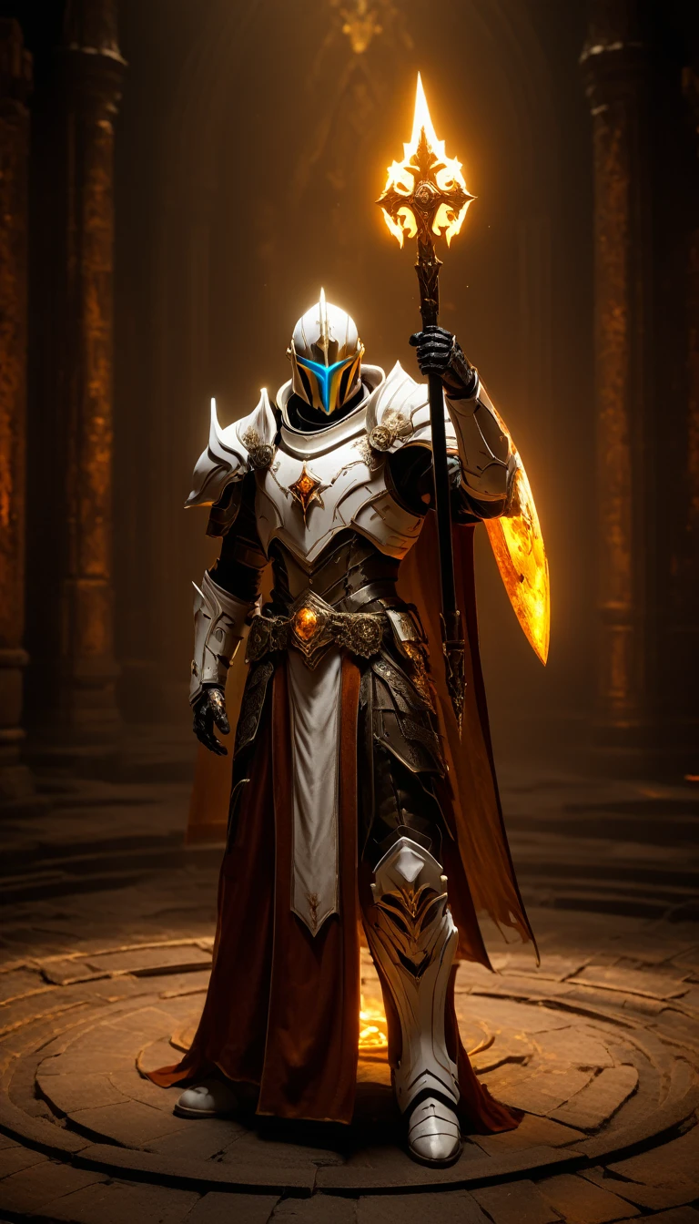 Masterpieces, male, Holy white paladin, (white armor), Action style shot, in a vampire castle, dark souls and elden ring style red. (no undercloth), holding a hammer in one hand and a shield in the other, Glowing amber colored Christian Cross on breastplate, (Battle Priest in a warframe and doom style armor holding a hammer and shield with radiant amber light, emanating potent gold light magic.), (amber half cape), (action shot: walking through dark vampire castle), (white, amber and gold color scheme), (5 amber gems on belt), (holy light magic effects), white and amber tabard, centered, full body shot fighting, sci-fi knight, Halo master chief, vibrant colors, visible figure joints, cinematic shot, volumetric lighting, intricate pattern detail, highly detailed