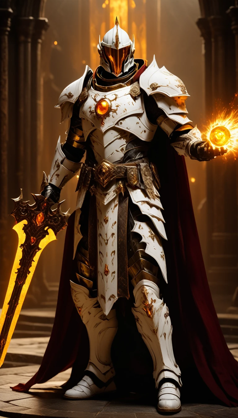 Masterpieces, male, Holy white paladin, (white armor), Action style shot, in a vampire castle, dark souls and elden ring style red. (no undercloth), holding a hammer in one hand and a shield in the other, Glowing amber colored Christian Cross on breastplate, (Battle Priest in a warframe and doom style armor holding a hammer and shield with radiant amber light, emanating potent gold light magic.), (amber half cape), (action shot: walking through dark vampire castle), (white, amber and gold color scheme), (5 amber gems on belt), (holy light magic effects), white and amber tabard, centered, full body shot fighting, sci-fi knight, Halo master chief, vibrant colors, visible figure joints, cinematic shot, volumetric lighting, intricate pattern detail, highly detailed