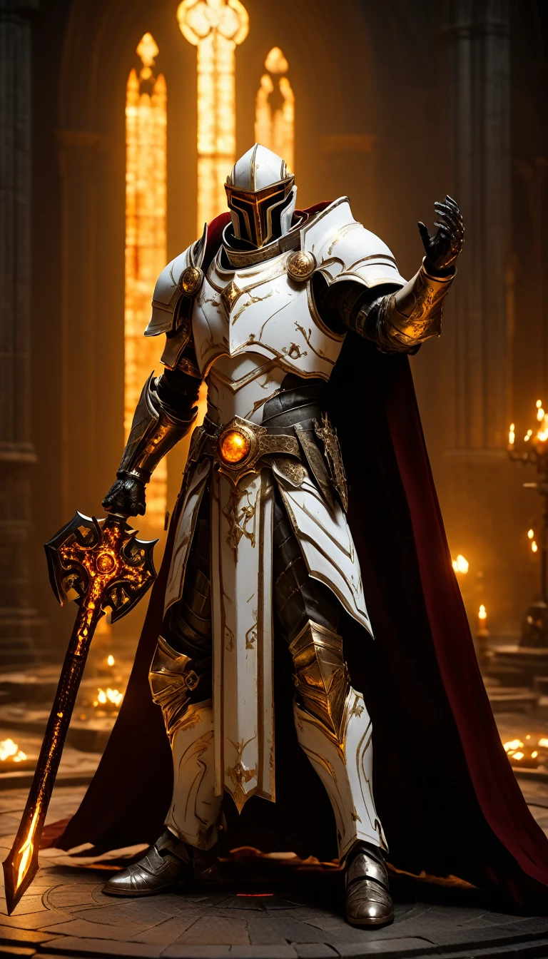 Masterpieces, male, Holy white paladin, (white armor), Action style shot, in a vampire castle, dark souls and elden ring style red. (no undercloth), holding a hammer in one hand and a shield in the other, Glowing amber colored Christian Cross on breastplate, (Battle Priest in a warframe and doom style armor holding a hammer and shield with radiant amber light, emanating potent gold light magic.), (amber half cape), (action shot: walking through dark vampire castle), (white, amber and gold color scheme), (5 amber gems on belt), (holy light magic effects), white and amber tabard, centered, full body shot fighting, sci-fi knight, Halo master chief, vibrant colors, visible figure joints, cinematic shot, volumetric lighting, intricate pattern detail, highly detailed