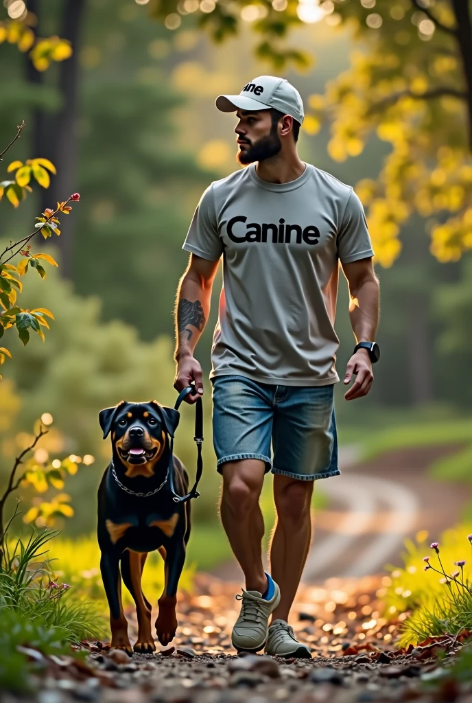 Detailed depiction of a man walking a Rottweiler。Detailed depiction of nature。All live-action。The man in the photo is wearing a T-shirt that says Canine and a cap that says Canine.。Poster for a high-end brand。Expressing luxury and hope。High-brand poster