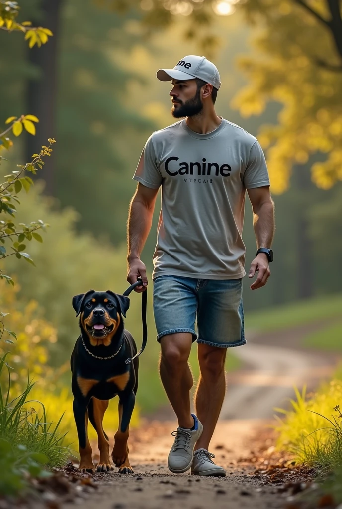 Detailed depiction of a man walking a Rottweiler。Detailed depiction of nature。All live-action。The man in the photo is wearing a T-shirt that says Canine and a cap that says Canine.。Poster for a high-end brand。Expressing luxury and hope。High-brand poster