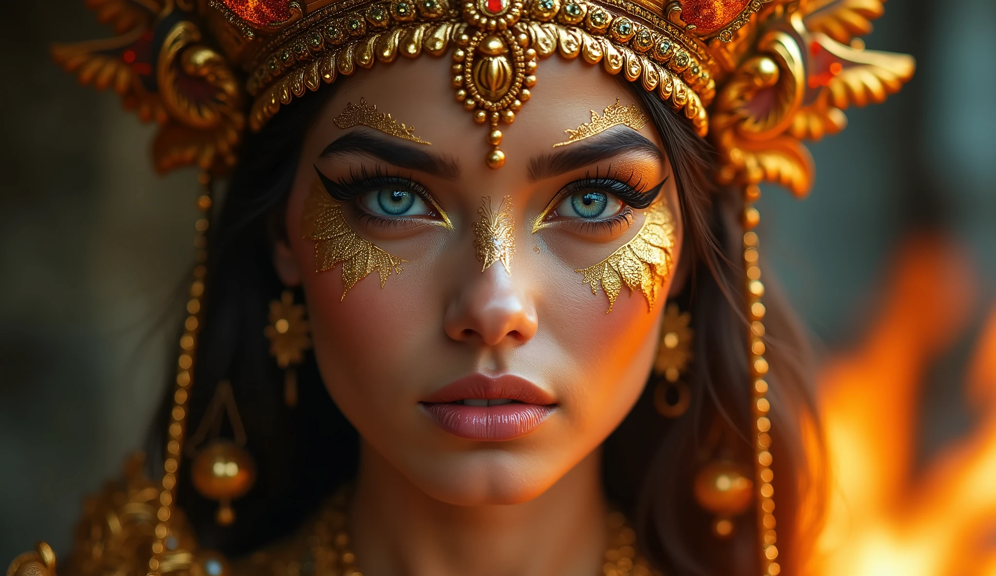 Photorealistic portrait of a beautiful woman, with piercing blue eyes, intricate golden scale-like makeup covering her face, ornate headdress with fiery elements, intense gaze directly at viewer, extreme close-up framing, against a blurred background of warm and cool tones, dramatic lighting emphasizing facial features, shot at eye level, on a Nikon D850 with a 85mm f/1.4 lens, (cinematic color grading:1.3), (hyperdetailed skin texture:1.4), in the style of (Bella Kotak:1.2) and (Lindsay Adler:1.2)