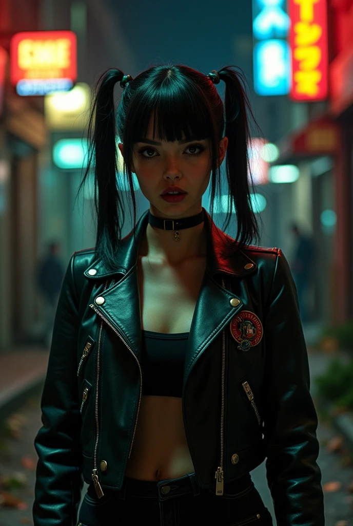 Short black-haired Mafia girl, with pigtails and pale, Italian
