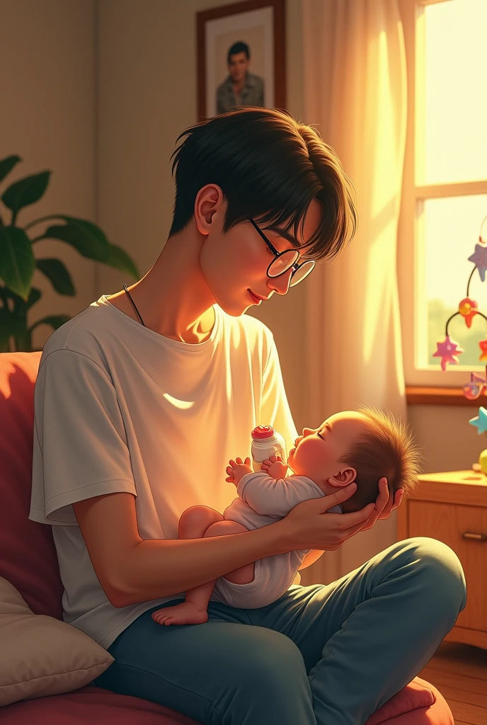 Make another realistic image of Bangchan, the leader of Stray Kids. holding a baby in his arms while feeding her with a bottle