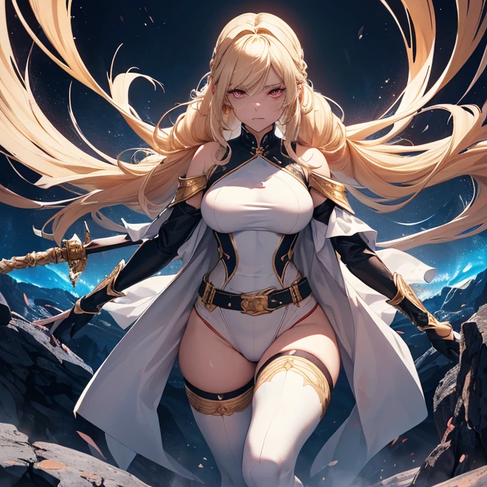 Absurdres, masterpiece, HD, high resolution, science-fantasy, alien, character alone, ordered context, best quality, epic story dramatic and conspiracy, best features and characteristics, full body, cowboy shot view, bloody pic, character bleeding
{{50 years old blonde haired elder beauty woman:(pale skin, red eyes crying, blonde hair tied in two high twintails, blonde long freinge near the face, short nose bleeding blue blood, clenched mouth bleeding a bit of blue blood, wrath expression, medium breasts, voluptuous figure, absolute beauty, beautiful arms bleeding blue blood, beautiful legs bleeding blue blood, beautiful feminine body bleeding blue blood),(black highleg leotard, gold gauntlets, gold shoulderpads, black armsleeves, white leggings, two white belts),(violent menacing pose, pointing with a broken spear to her unknown enemy, desperate and lethal demeanor),(blue landscape, orange lava river at the left, light-blue sky, blue mounds around)}}