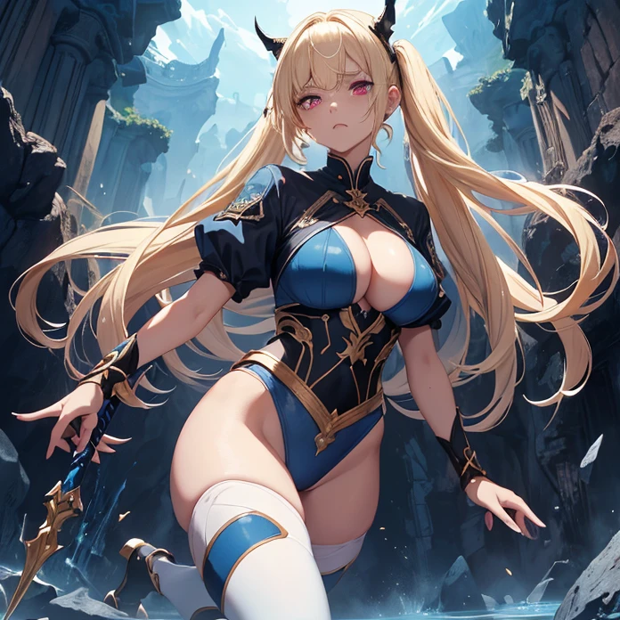 Absurdres, masterpiece, HD, high resolution, science-fantasy, alien, character alone, ordered context, best quality, epic story dramatic and conspiracy, best features and characteristics, full body, cowboy shot view, bloody pic, character bleeding
{{50 years old blonde haired elder beauty woman:(pale skin, red eyes crying, blonde hair tied in two high twintails, blonde long freinge near the face, short nose bleeding blue blood, clenched mouth bleeding a bit of blue blood, wrath expression, medium breasts, voluptuous figure, absolute beauty, beautiful arms bleeding blue blood, beautiful legs bleeding blue blood, beautiful feminine body bleeding blue blood),(black highleg leotard, gold gauntlets, gold shoulderpads, black armsleeves, white leggings, two white belts),(violent menacing pose, pointing with a broken spear to her unknown enemy, desperate and lethal demeanor),(blue landscape, orange lava river at the left, light-blue sky, blue mounds around)}}