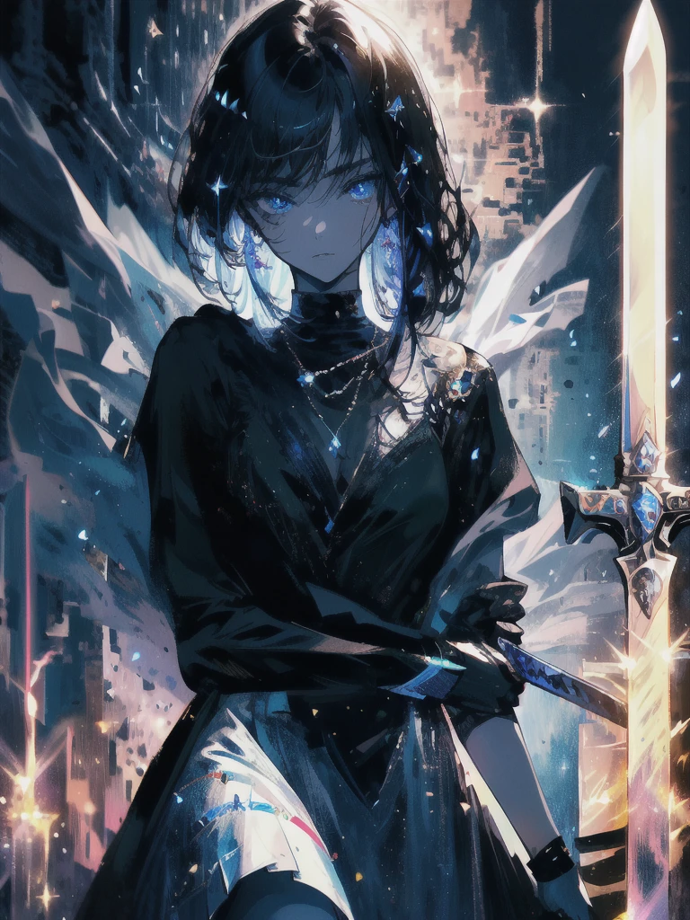 Holding a one-handed sword、Please take the black sword.、((masterpiece, highest quality, Super detailed, High resolution)), alone, beautiful girl, shining eyes, perfect eyes, 15 years old, black white gold theme,