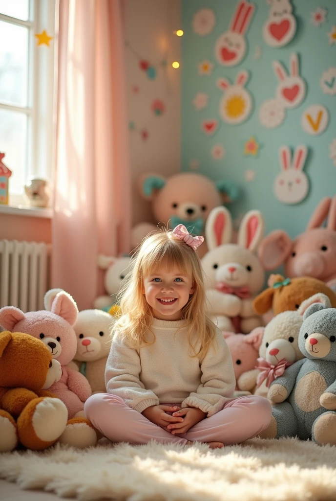 blonde in her room with stuffed animals