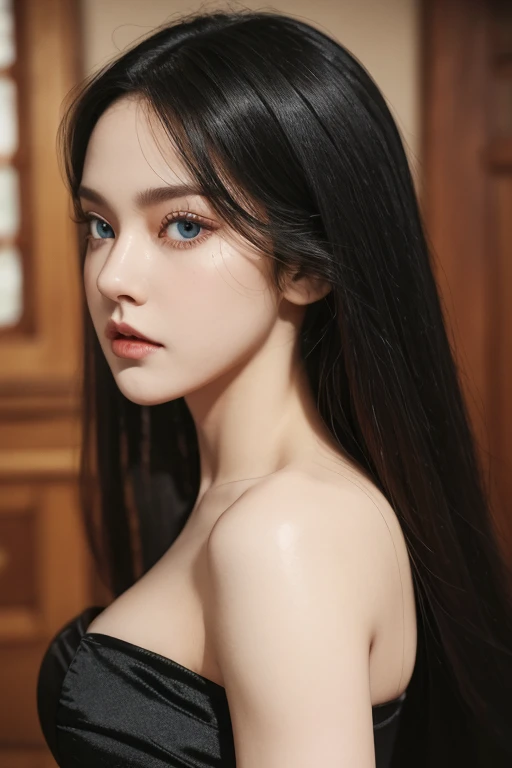 full body masterpiece, ultra realistic, 16k, high quality, incredibly detailed, dream aesthetic, dream atmosphere, cinematic, (sharp focus : 1.5), (photorealistic : 1.3), gothic (Gorgeous gothic girl), Liz Vicius, defined jaw, square face, wonderful gothic girl (enchanting seductress), cinematic, detailed, 16k sharp focus, realistic. wonderful. Seductive (evil). black hair (realistic texture), highlighted, silky and shiny hair, detailed hair (realistic), (natural). wonderful detailed face (enchanting seductress). blushed cheekbones (rosy cheeks), tanned skin, (white skin) alabaster skin that seems to glow ethereally. Her attire is gothic. Voluptuous shape. turquoise blue eyes (evil eyes look). a symmetrical face ::2 gothic clothes + ArtStation Trends + fantasy art + realistic cloth + fractals in the background, loose hair --aspect 9:21 – enhance your unearthly beauty. realistic skin texture, pale white skin illuminated. realistic perfect shading. absurd, realistic textures. alone, alone, 1 girl. Looking at the viewer. muscular female body, hot body, toned body, defined muscles. big natural breasts, cleavage. pantyhose, gothic (black) dress (realistic texture). In different sex positions at different angles. Bedroom background. incredibly real, best quality, photorealistic.  